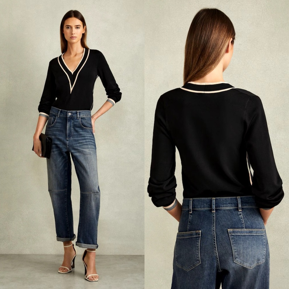 Reiss Faith Black/Cream Contrast Trim V-Neck Jumper Sweater size Small NWT